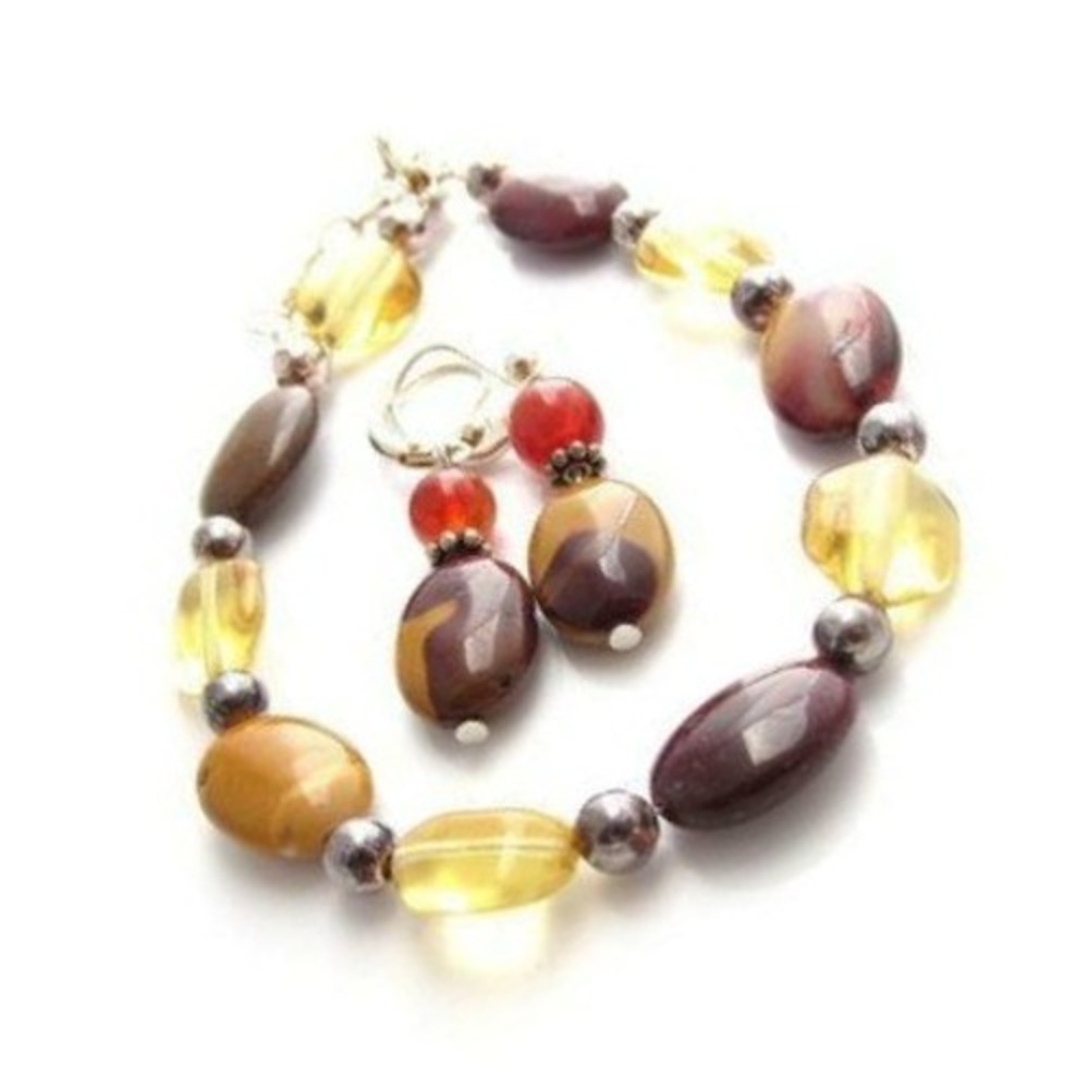 Yellow, Coffee Brown, Orange Glass and Gemstone Artisan Bracelet & Earring Set